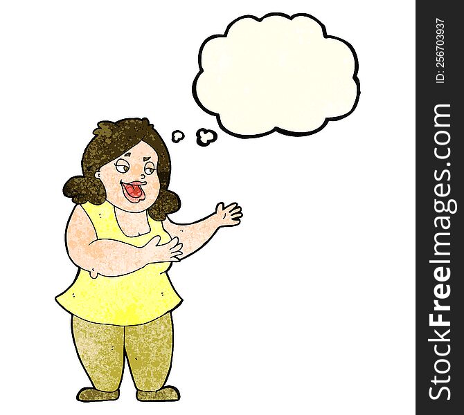 cartoon happy fat woman with thought bubble