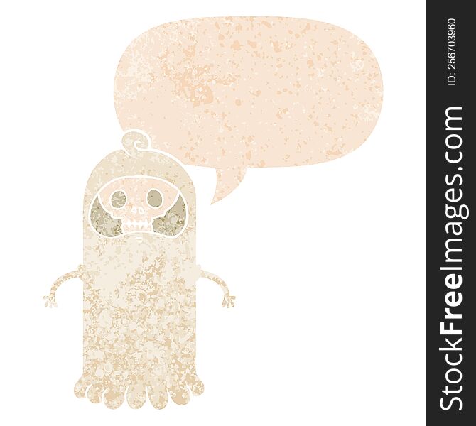 cartoon spooky skull ghost with speech bubble in grunge distressed retro textured style. cartoon spooky skull ghost with speech bubble in grunge distressed retro textured style