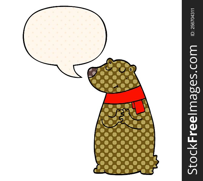 cartoon bear wearing scarf with speech bubble in comic book style
