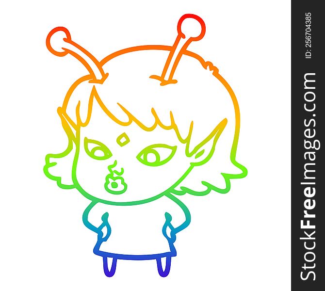 rainbow gradient line drawing of a pretty cartoon alien girl