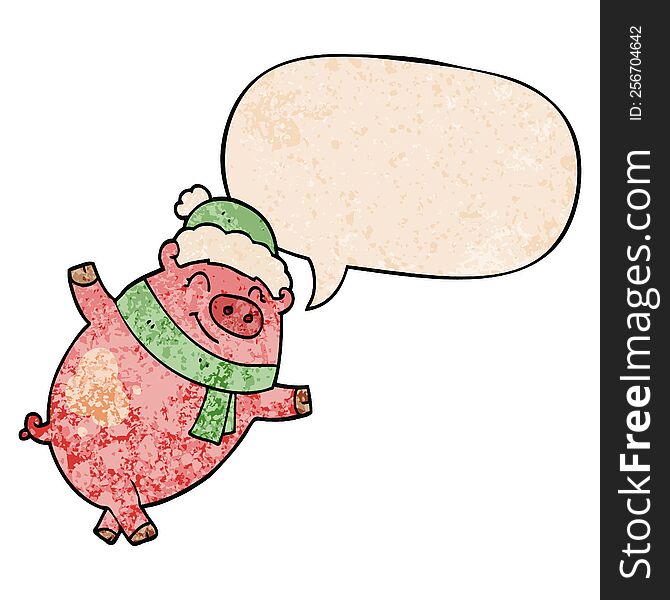 Cartoon Pig Wearing Christmas Hat And Speech Bubble In Retro Texture Style