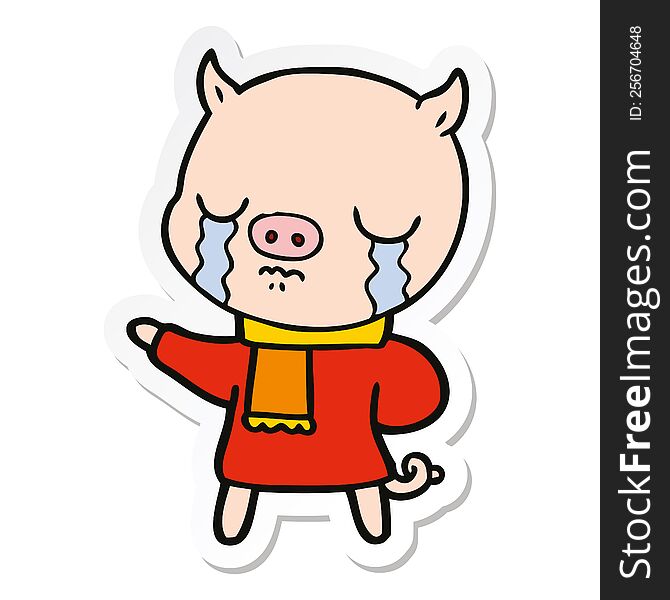 Sticker Of A Cartoon Crying Pig Wearing Scarf