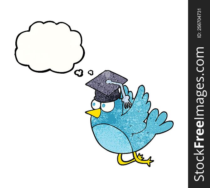 freehand drawn thought bubble textured cartoon bird wearing graduation cap
