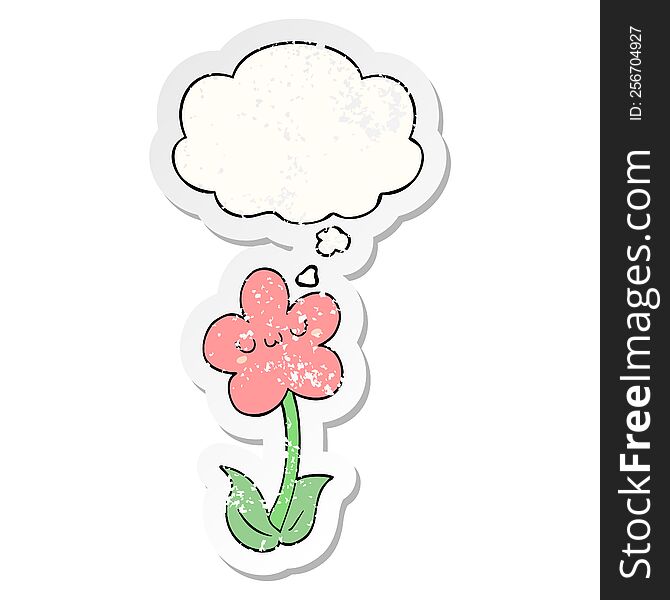 Cartoon Flower And Thought Bubble As A Distressed Worn Sticker