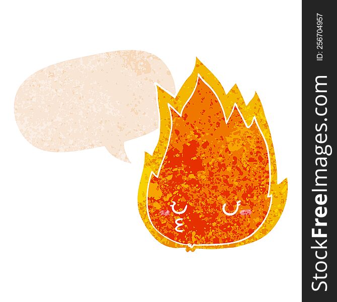 Cute Cartoon Fire And Speech Bubble In Retro Textured Style