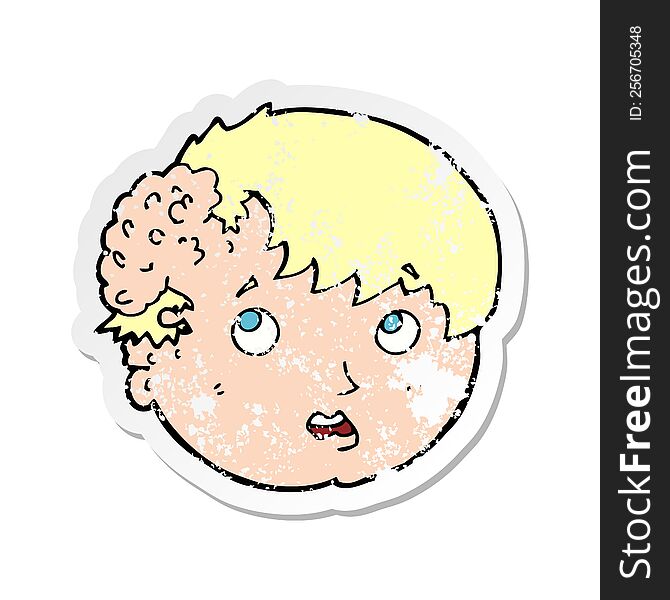 Retro Distressed Sticker Of A Cartoon Boy With Ugly Growth On Head