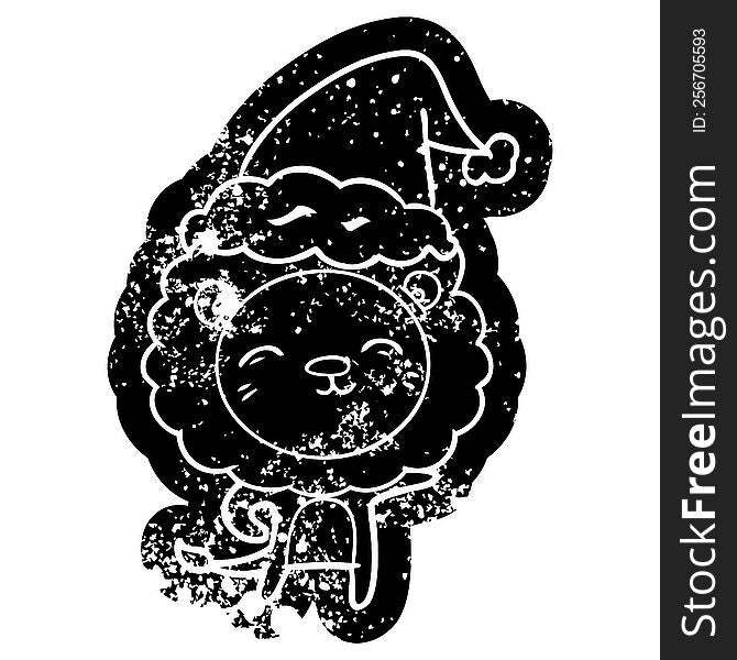 Cartoon Distressed Icon Of A Lion Wearing Santa Hat