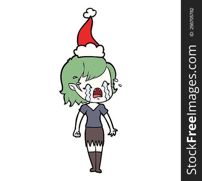 Line Drawing Of A Crying Vampire Girl Wearing Santa Hat