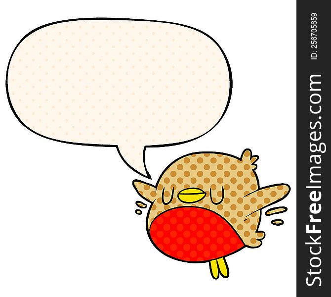 Cute Cartoon Christmas Robin And Speech Bubble In Comic Book Style
