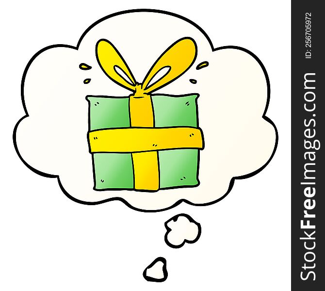 cartoon wrapped gift with thought bubble in smooth gradient style