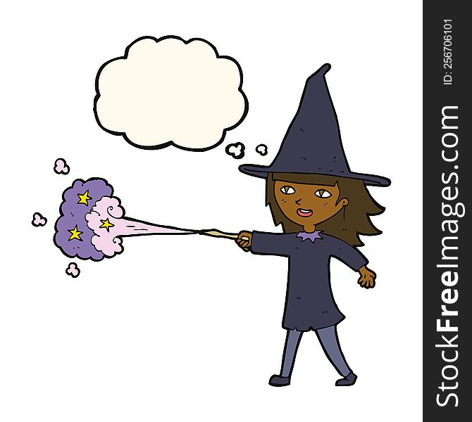 cartoon witch girl casting spell with thought bubble