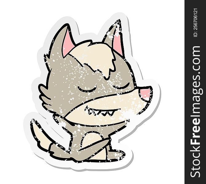 distressed sticker of a friendly cartoon wolf sitting