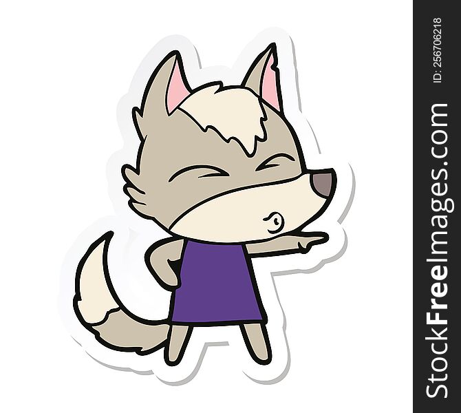 Sticker Of A Cartoon Wolf Girl Whistling And Pointing