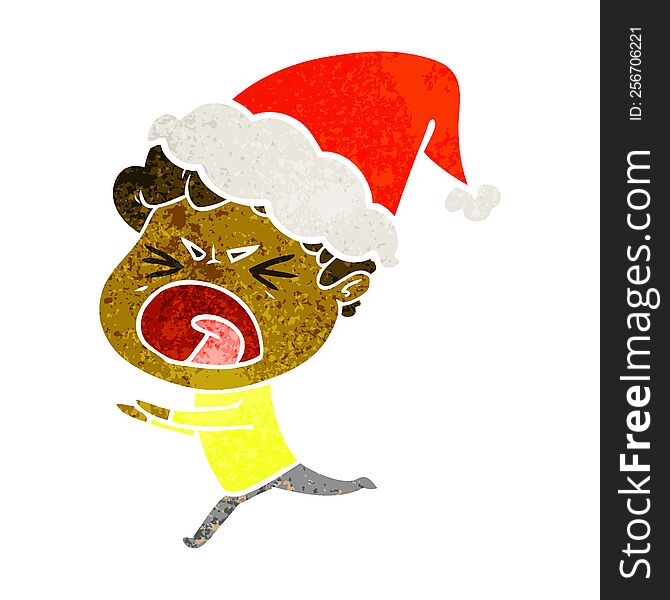 hand drawn retro cartoon of a furious man wearing santa hat
