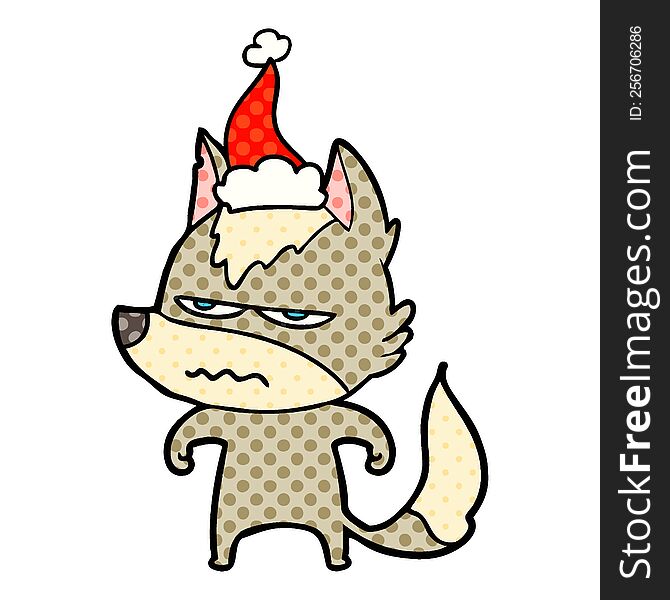 hand drawn comic book style illustration of a annoyed wolf wearing santa hat