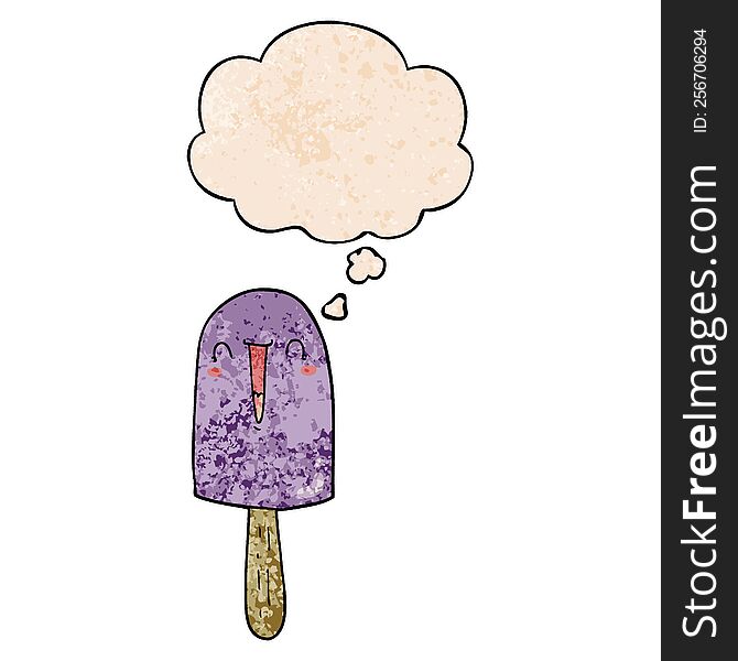 cartoon happy ice lolly with thought bubble in grunge texture style. cartoon happy ice lolly with thought bubble in grunge texture style