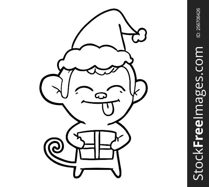 Funny Line Drawing Of A Monkey With Christmas Present Wearing Santa Hat