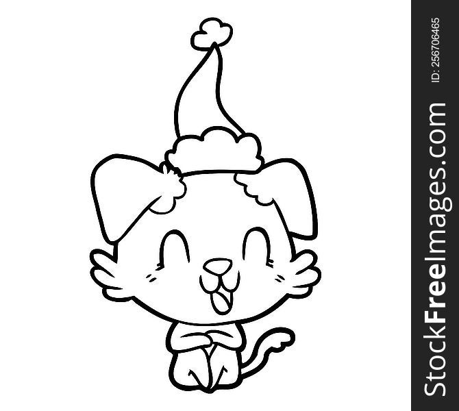 Laughing Line Drawing Of A Dog Wearing Santa Hat