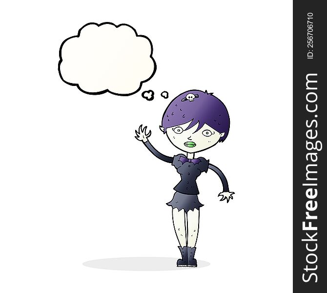 cartoon vampire girl waving with thought bubble