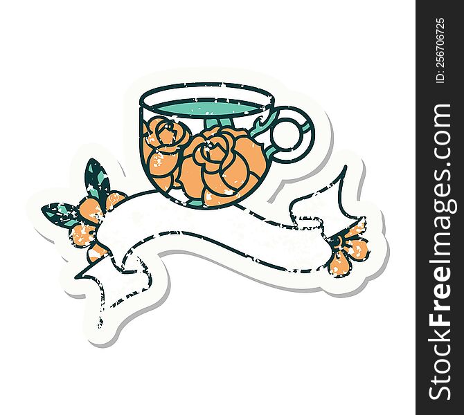 Grunge Sticker With Banner Of A Cup And Flowers