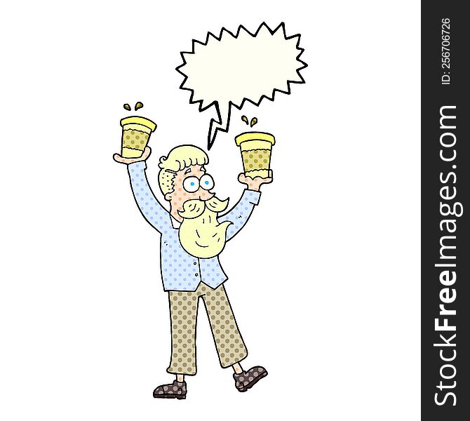 freehand drawn comic book speech bubble cartoon man with coffee cups