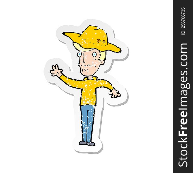 Retro Distressed Sticker Of A Cartoon Man In Outback Hat