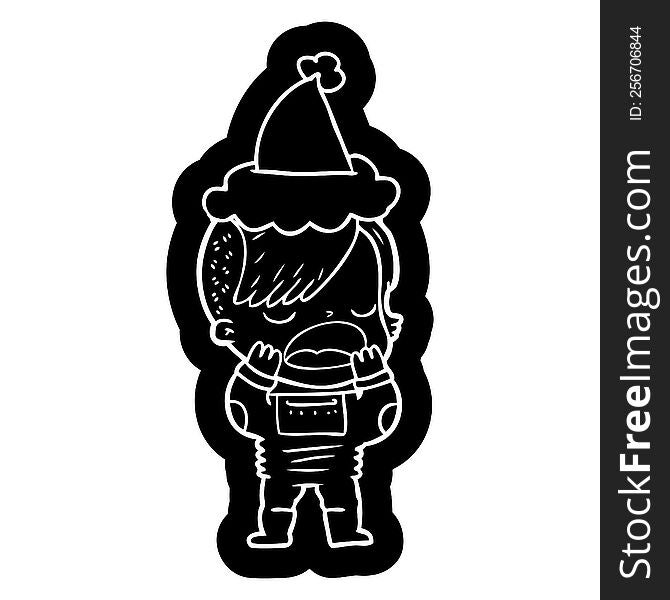 cartoon icon of a cool hipster girl in space suit wearing santa hat