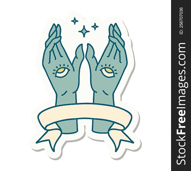tattoo style sticker with banner of mystic hands