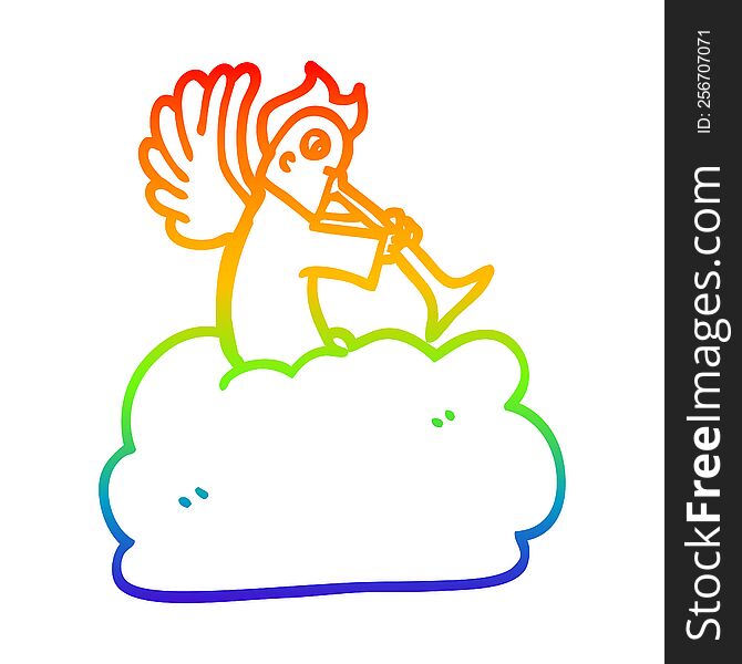 rainbow gradient line drawing of a cartoon angel on cloud with trumpet