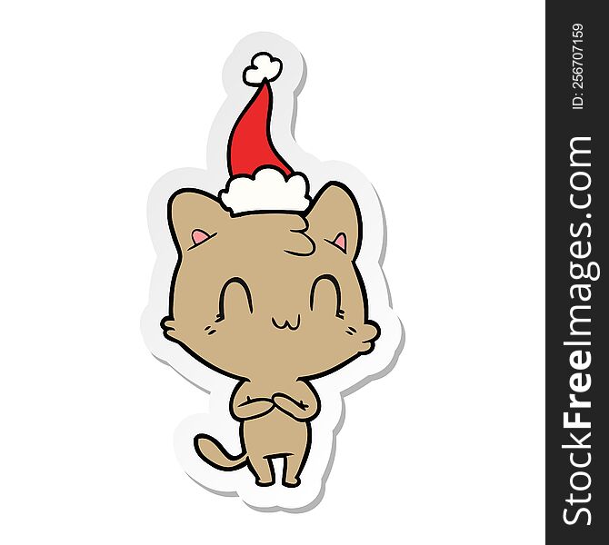 Sticker Cartoon Of A Happy Cat Wearing Santa Hat