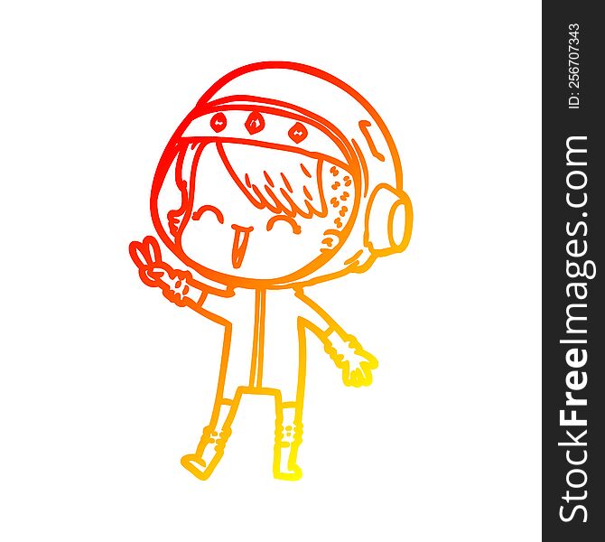 warm gradient line drawing of a happy cartoon space girl giving peace sign