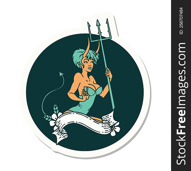 sticker of tattoo in traditional style of a pinup devil girl with banner. sticker of tattoo in traditional style of a pinup devil girl with banner