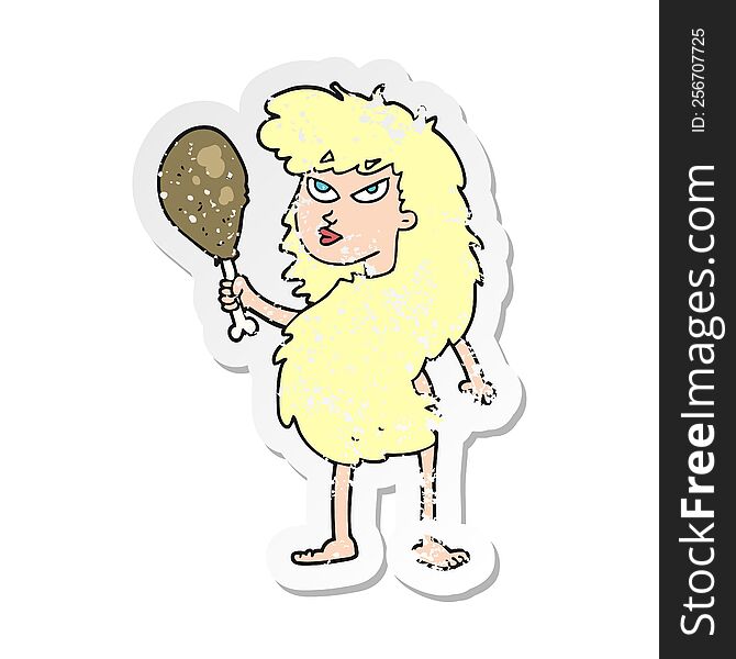 retro distressed sticker of a cartoon cavewoman with meat