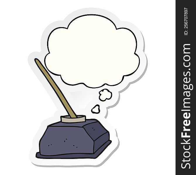 cartoon old ink pot and pen with thought bubble as a printed sticker