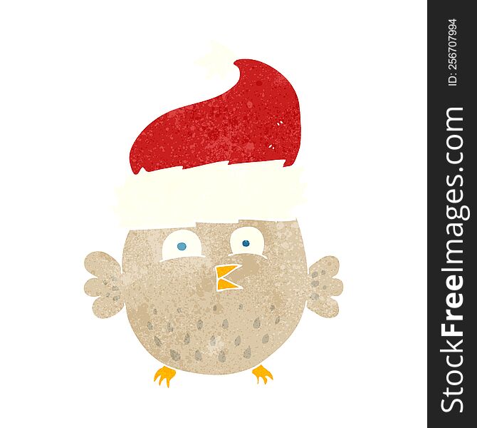 Retro Cartoon Owl Wearing Christmas Hat