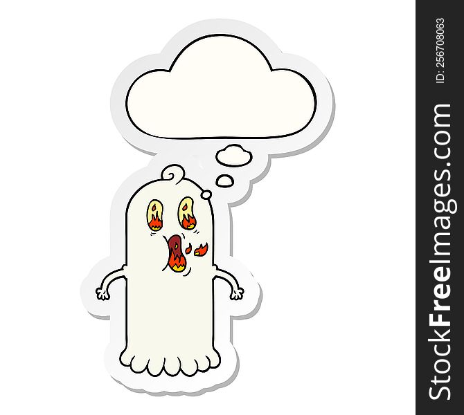 cartoon ghost with flaming eyes with thought bubble as a printed sticker