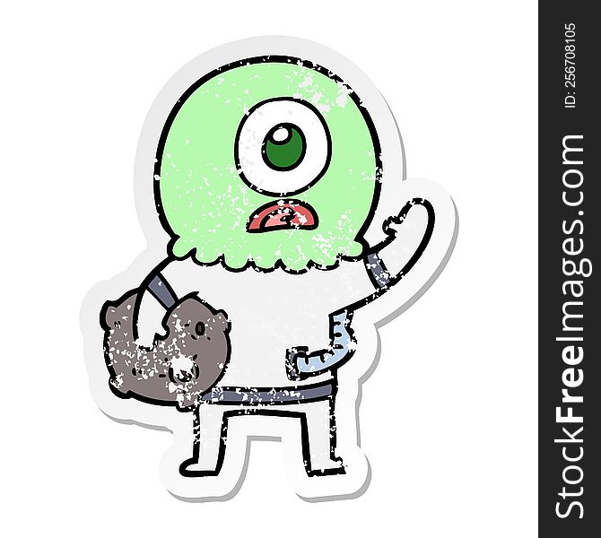 Distressed Sticker Of A Cartoon Cyclops Alien Spaceman Waving