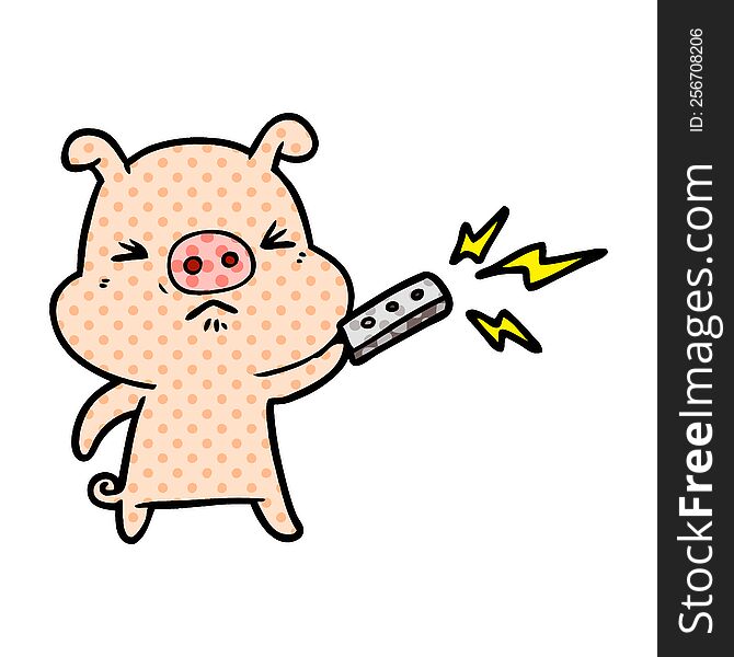 cartoon grumpy pig with remote control. cartoon grumpy pig with remote control