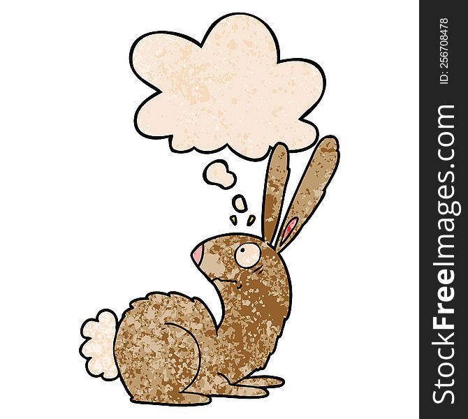 Cartoon Startled Bunny Rabbit And Thought Bubble In Grunge Texture Pattern Style
