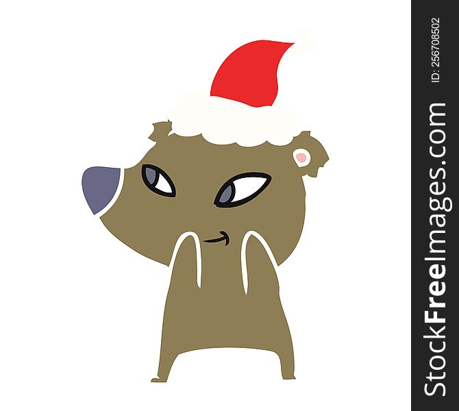 Cute Flat Color Illustration Of A Bear Wearing Santa Hat