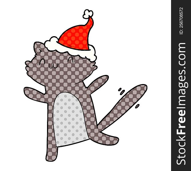Comic Book Style Illustration Of A Dancing Cat Wearing Santa Hat
