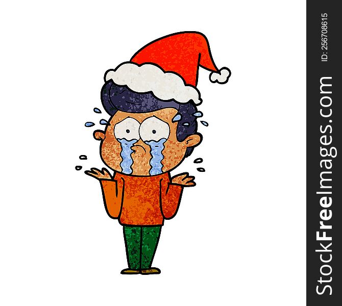 Textured Cartoon Of A Crying Man Wearing Santa Hat