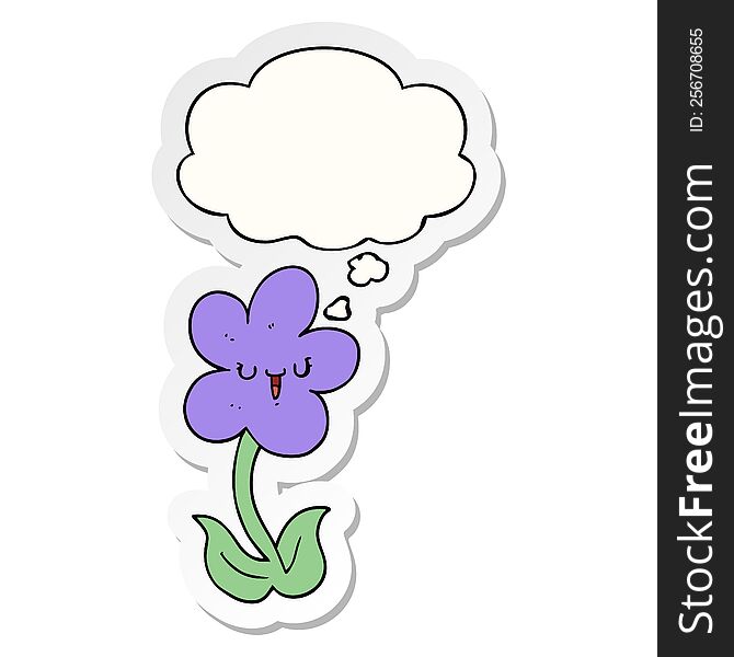 cartoon flower with happy face with thought bubble as a printed sticker