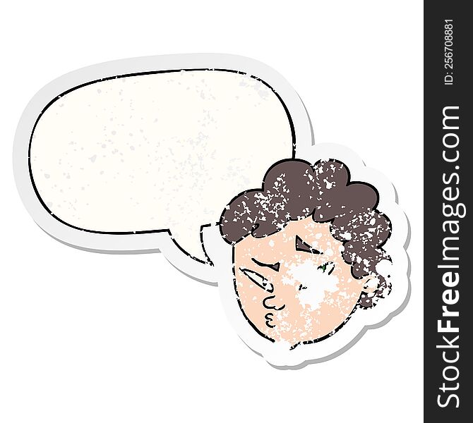 Cartoon Suspicious Man And Speech Bubble Distressed Sticker