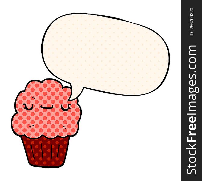 cartoon muffin with speech bubble in comic book style