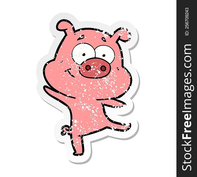 Distressed Sticker Of A Happy Cartoon Pig Dancing