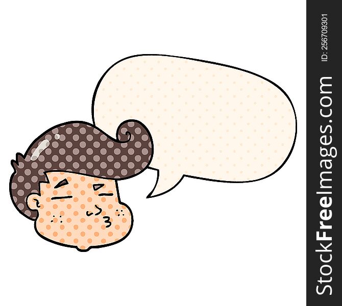 cartoon boy\'s face with speech bubble in comic book style