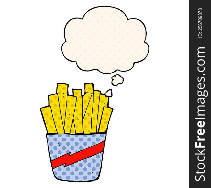 cartoon box of fries with thought bubble in comic book style