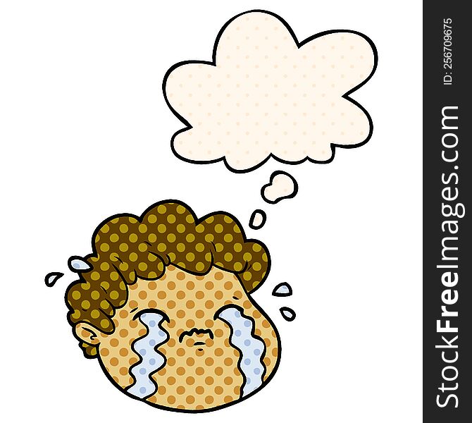 cartoon crying boy with thought bubble in comic book style
