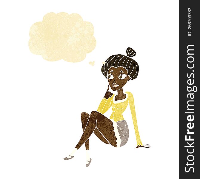 Cartoon Attractive Woman Sitting Thinking With Thought Bubble